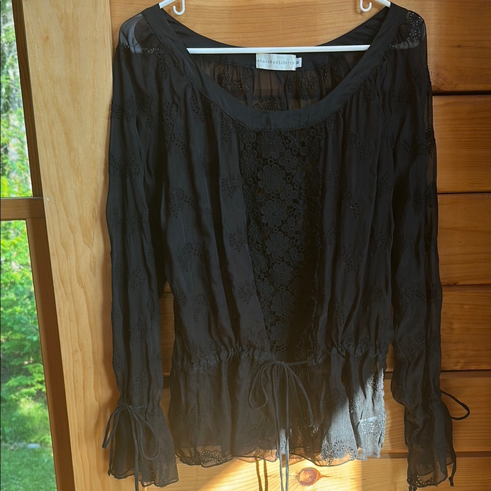 NWT Free People Black Eyelet Smocked Tie Front Blouse